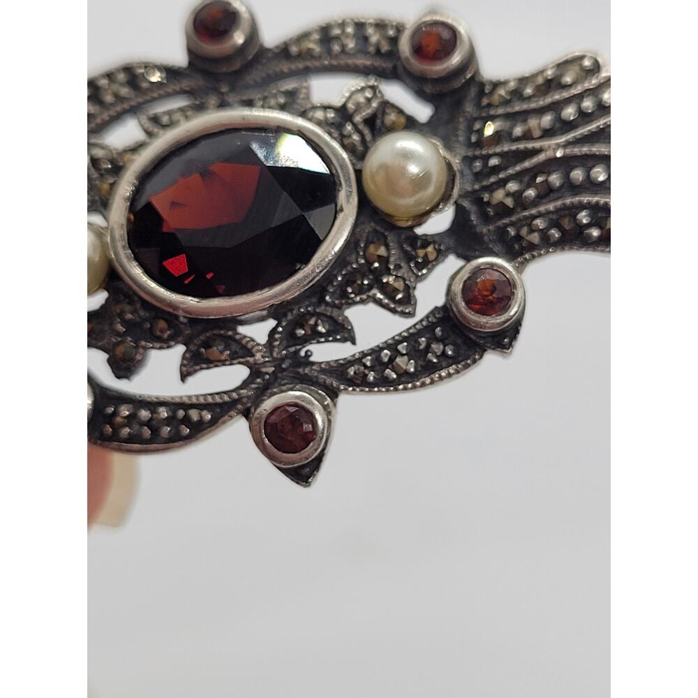 Vintage Sterling Silver Marcasite Pearl Brooch Coquette Art Deco Pin - Picture 10 of 15